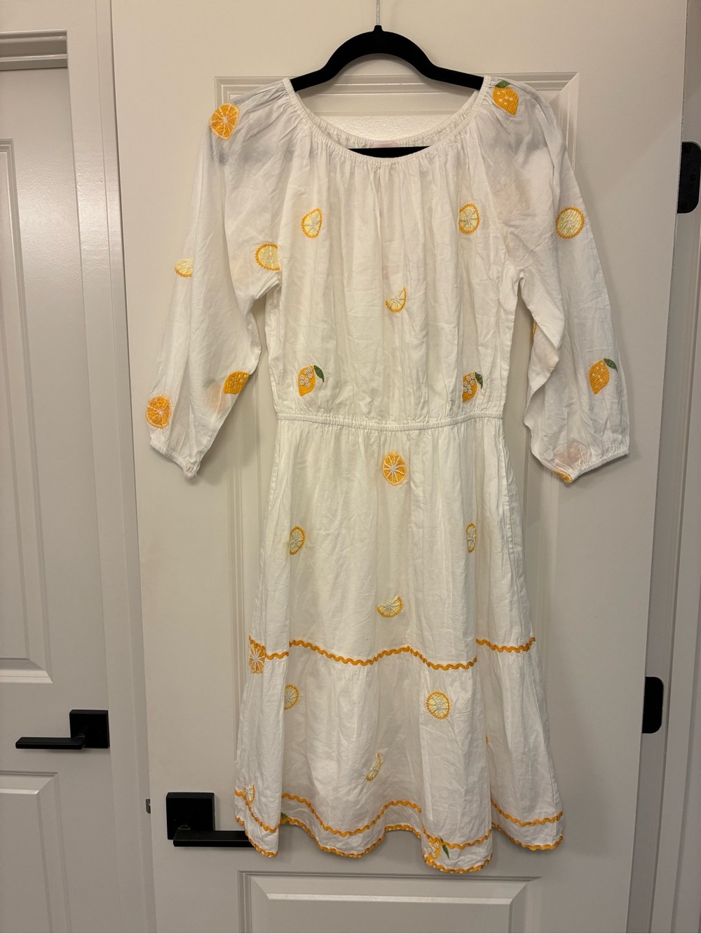 White Midi Dress with Yellow Citrus Embroidery by